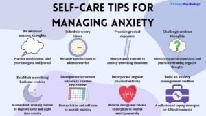 An infographic titled 'Self care tips for managing anxiety' with 8 tips, brief descriptions of each and an associated image. Some tips include being aware of anxious thoughts, scheduling worry times, and practicing gradual exposure.