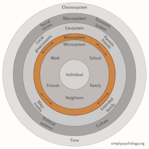 Concentric circles illustrating Bronfenbrenner's ecological systems theory but with only the mesosystem section highlighted in orange while the rest is in greyscale.