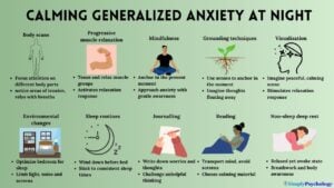 An infographic outlining different way for calming generalized anxiety at night that are all mentioned in the article, including: body scans, progressive muscle relaxation, and mindfulness.