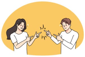 Illustration of a man and woman doing 'finger guns' and winking at each other.