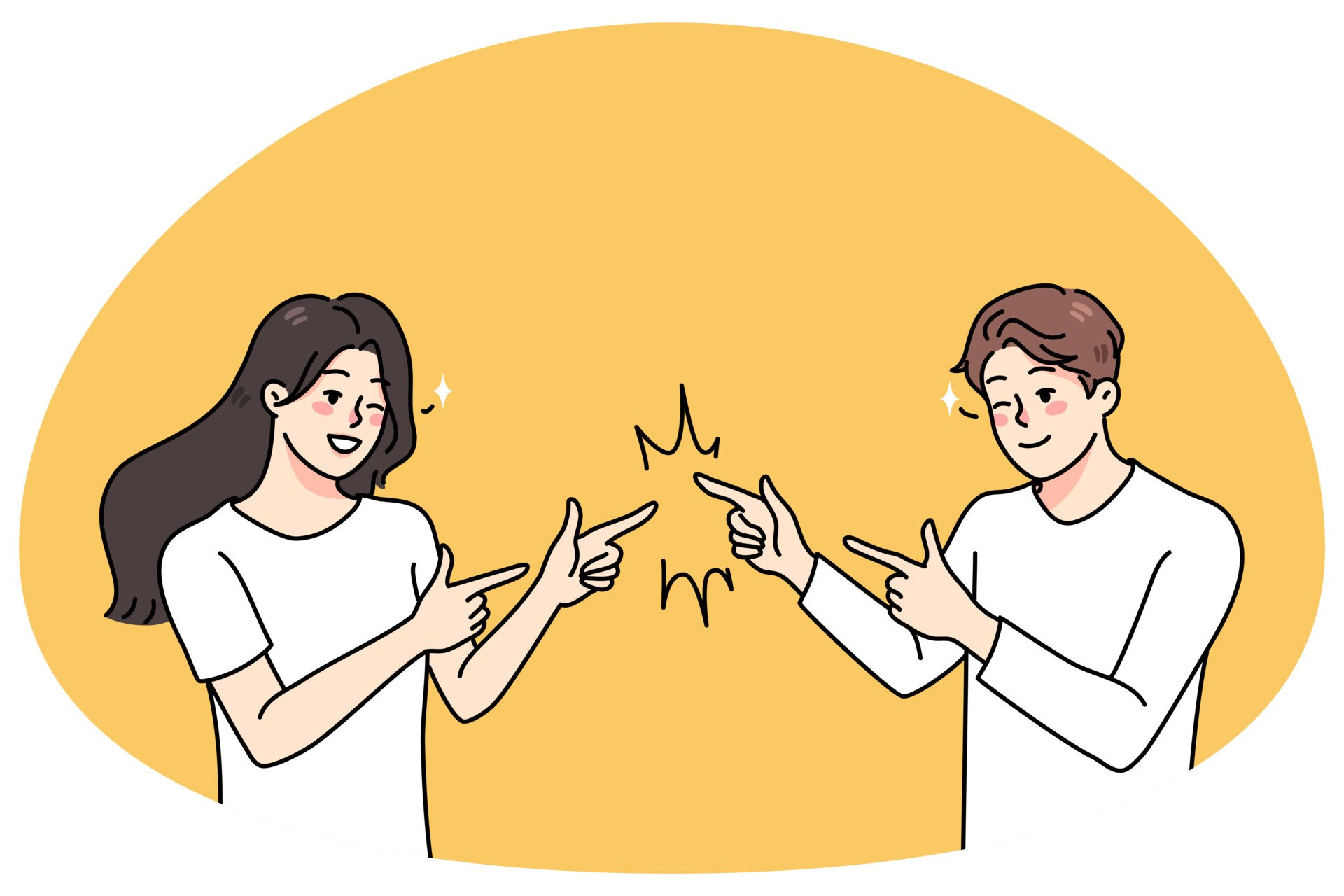 Illustration of a man and woman doing 'finger guns' and winking at each other.