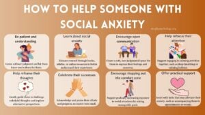 An infographic outlining 8 tips for helping someone who has social anxiety including: be patient and understanding, help reframe their thoughts, and celebrate their successes,