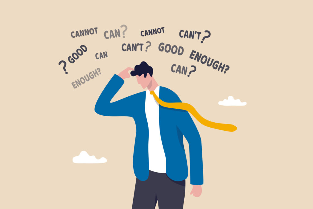 a man experiencing imposter syndrome, scratching his head with words such as 'cannot' 'can?' and 'good enough' above his head.