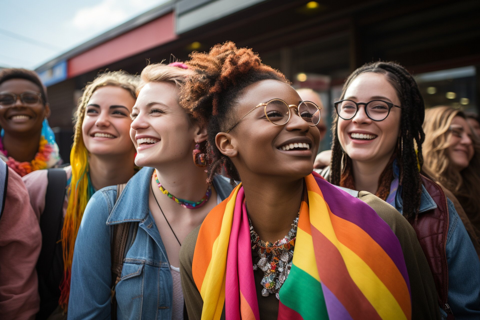 A group of diverse women, one wearing a pride flag to signify intersectional feminism.