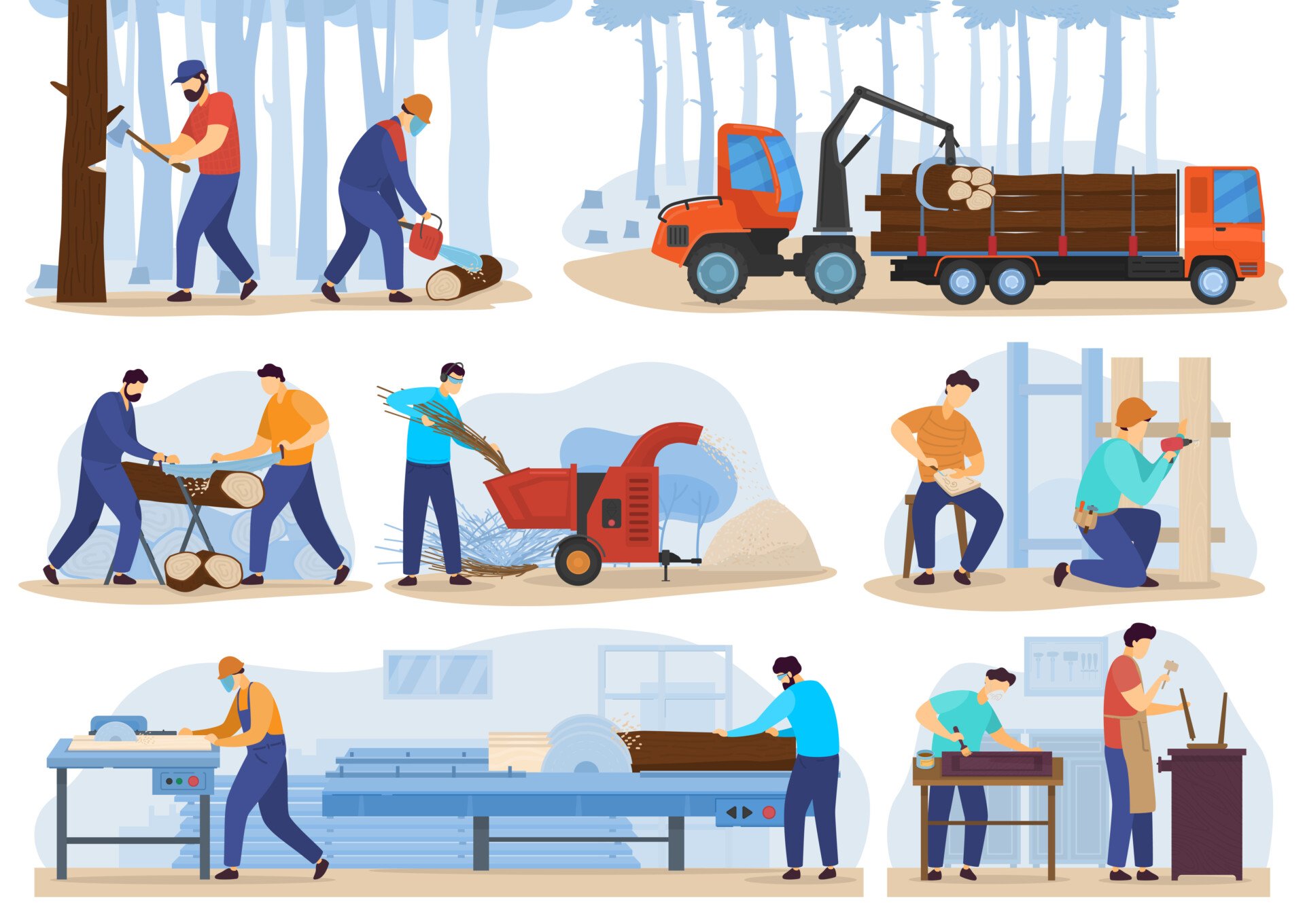 Woodwork processing stages, people cutting trees and produce timber, wood production industry, men working on factory, carpenter cartoon character. Woodwork lumber manufacturing