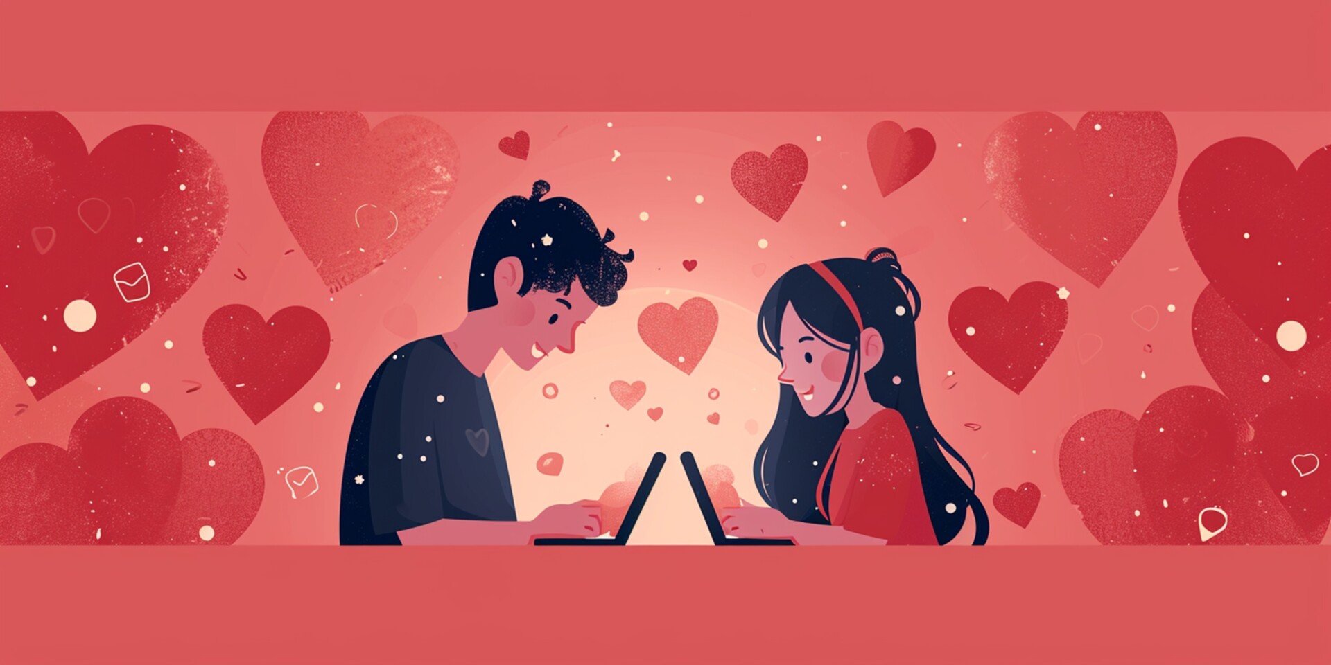 Illustration of a man and woman on separate devices talking to each other with lots of red love hearts in the background.