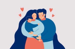 Happy young mother and father embrace their child with care and love illustration.