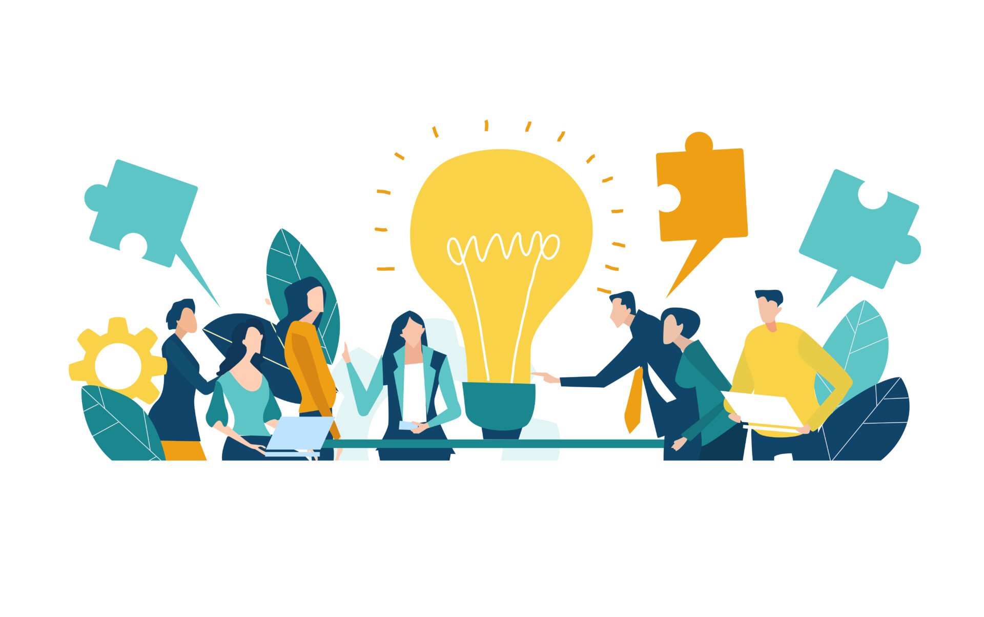 illustration of a group of people talking in a meeting, giant lightbulb and puzzle pieces