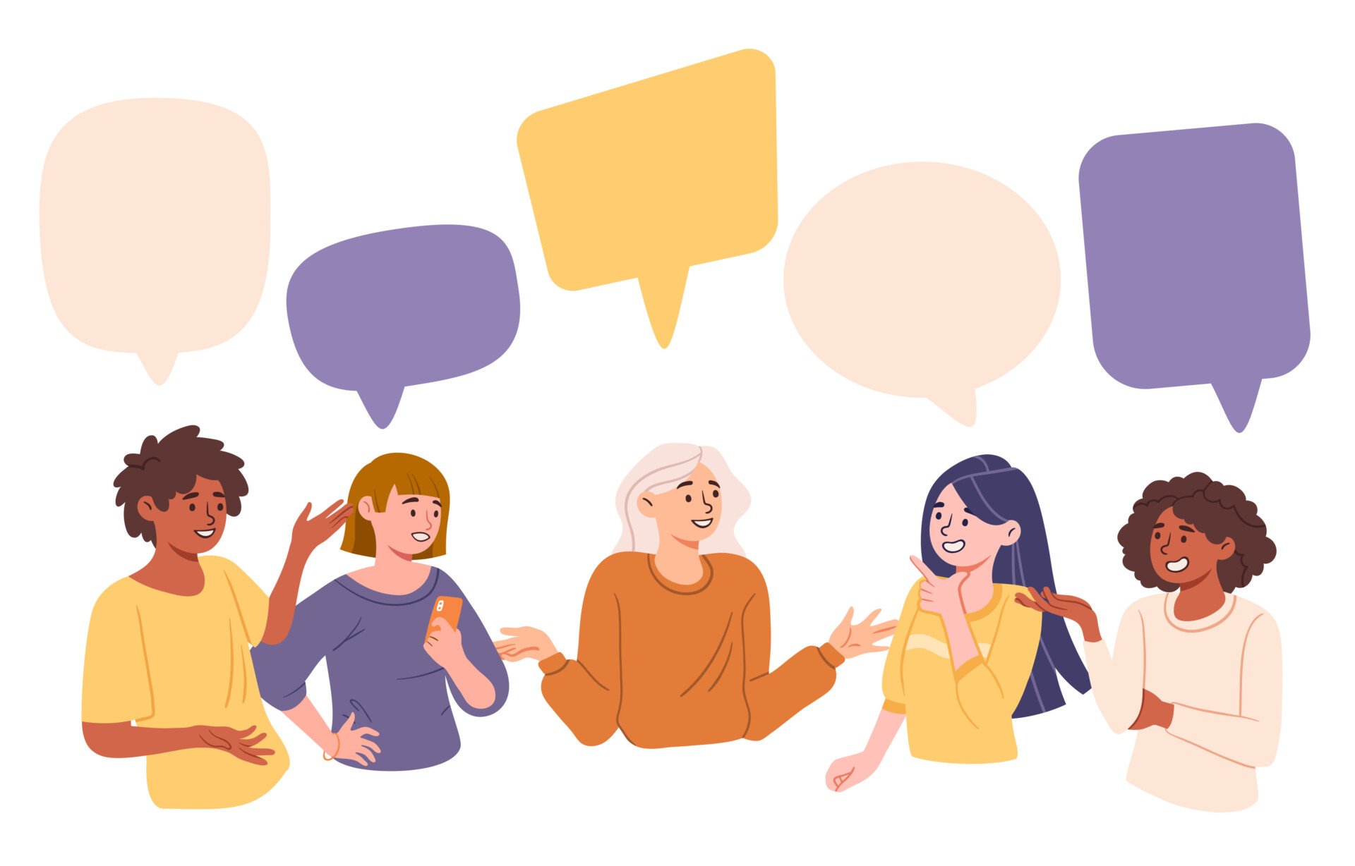 Collection of talking people. Men and women with speech bubbles. Communication and interaction. Friends, students or colleagues. Cartoon flat vector illustrations isolated on white background