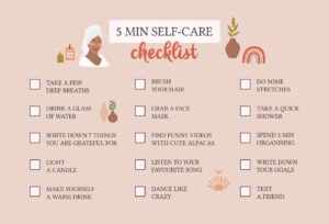 a checklist outlining some self-care ideas that can take less than 5 minutes