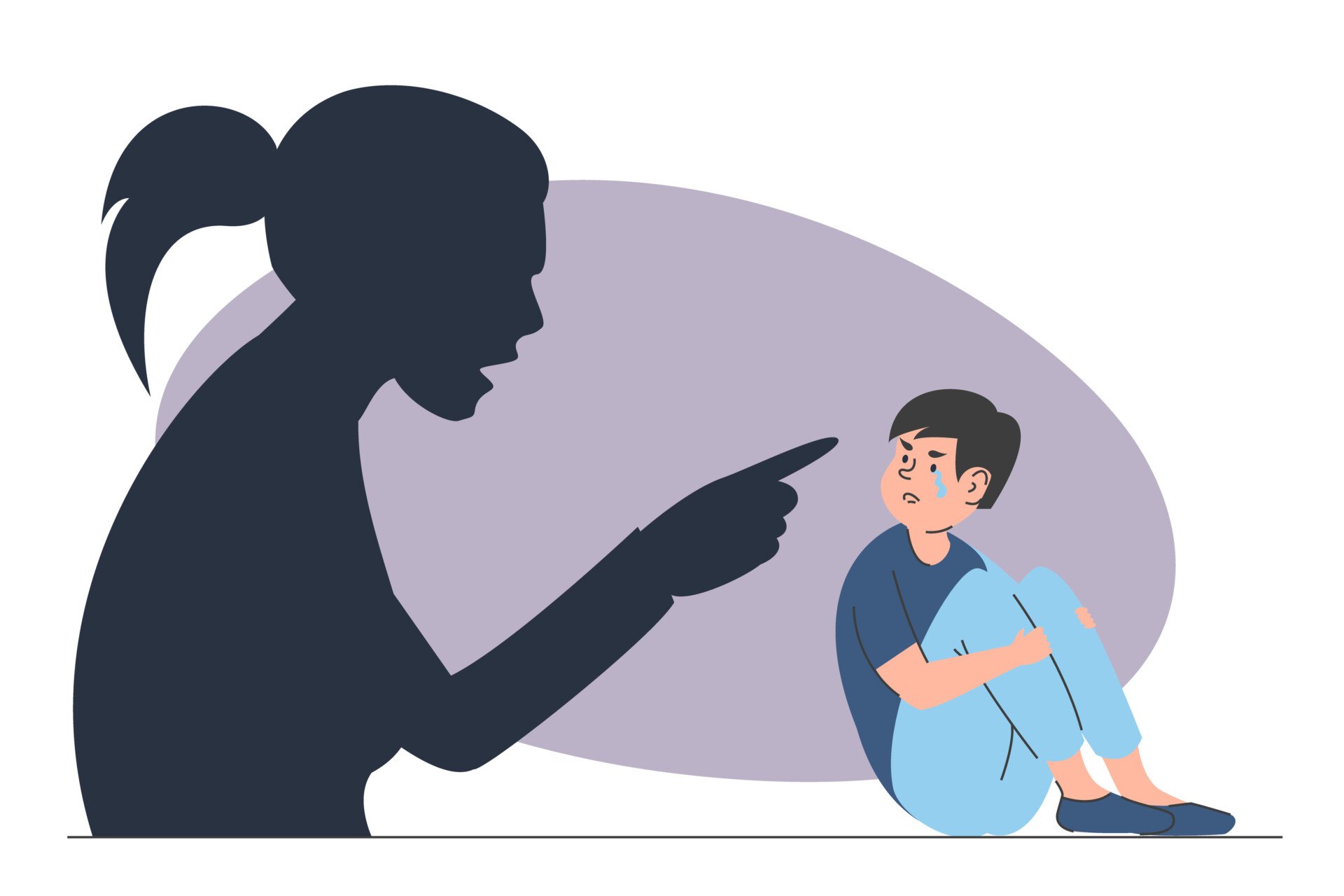 Silhouette of a mother screaming at son vector isolated. Illustration of an angry parent being aggressive to a little child. Crying boy on the floor.