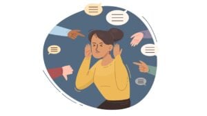 A stressed woman with social anxiety with people pointing at her and speaking with judgment.