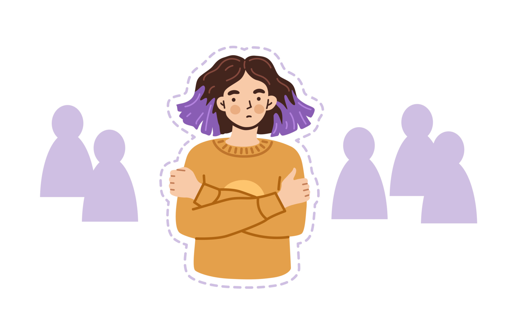 an illustration of a girl with her arms crossed with silhouettes of people watching in the background to illustrate social anxiety fear of judgment.