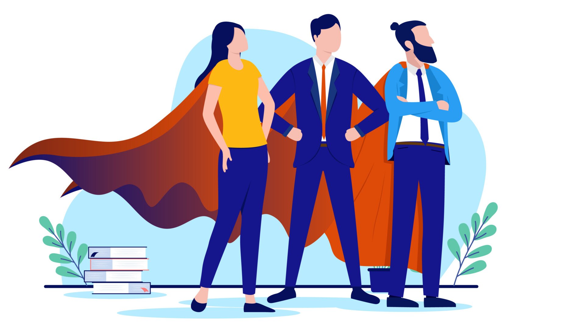 Illustration of three people in superhero capes displaying social confidence