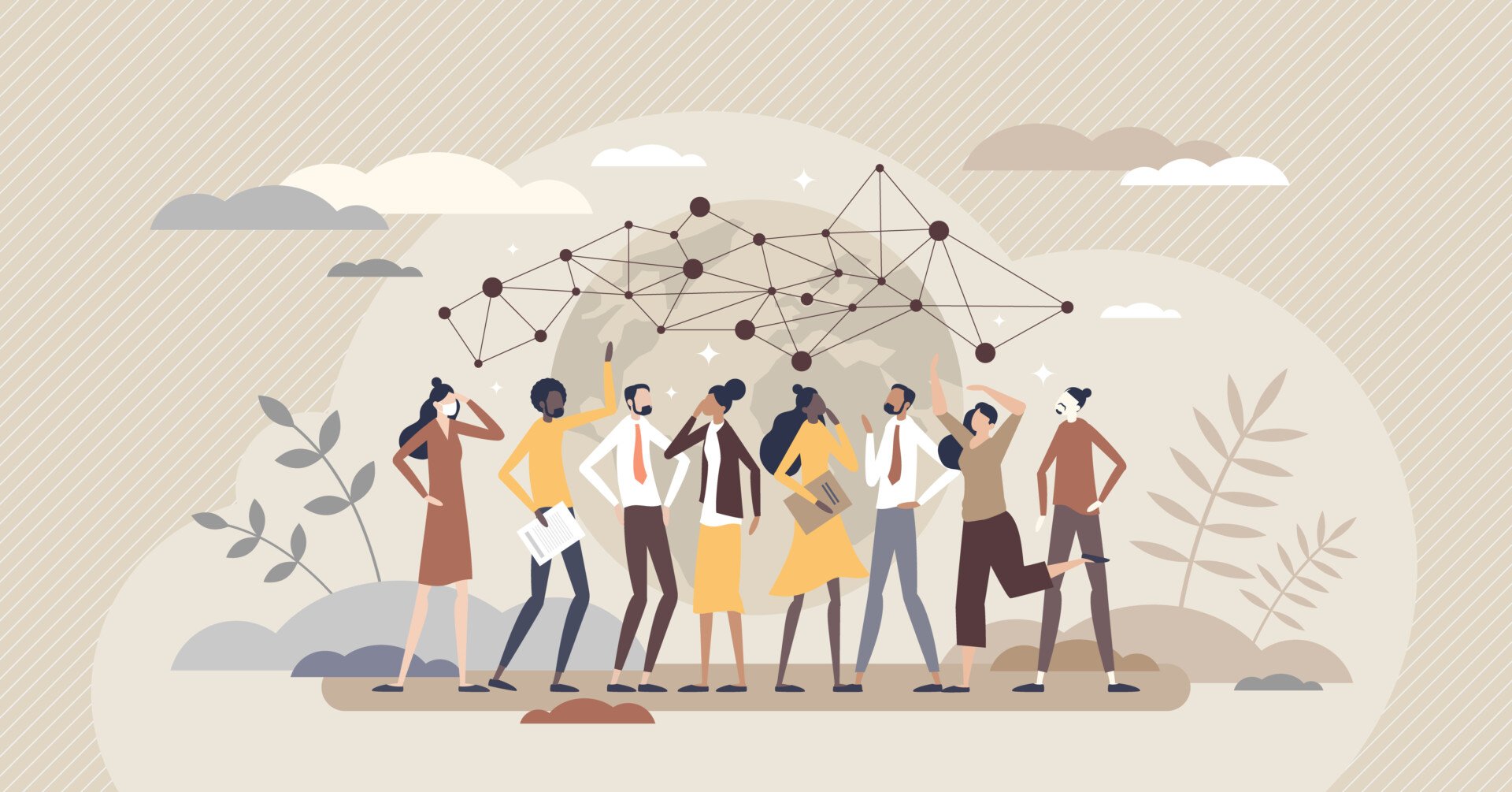 illustration of a group of people socialising with lines connected above their heads