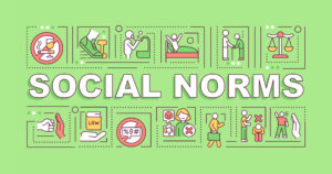 Social norms word concepts banner. Community culture rules. Infographics with linear icons on green background. Isolated creative typography