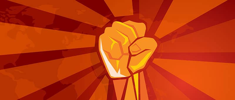 hand fist revolution symbol of resistance fight aggressive retro communism propaganda poster style in red with world map background