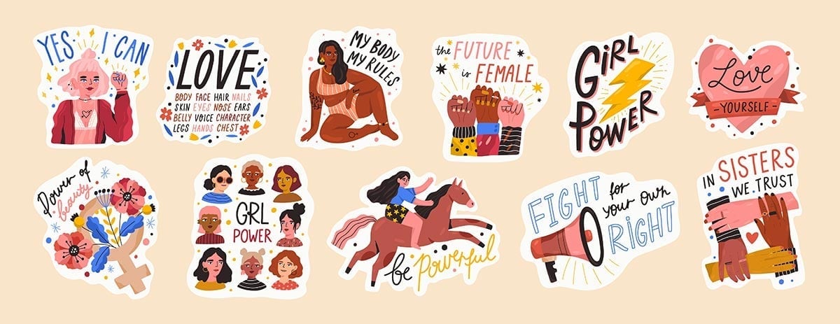 Feminist and body positive vector stickers set. Female movements cartoon badges with inspirational quotes. Women empowerment, self acceptance and gender equality trendy letterings pack. 