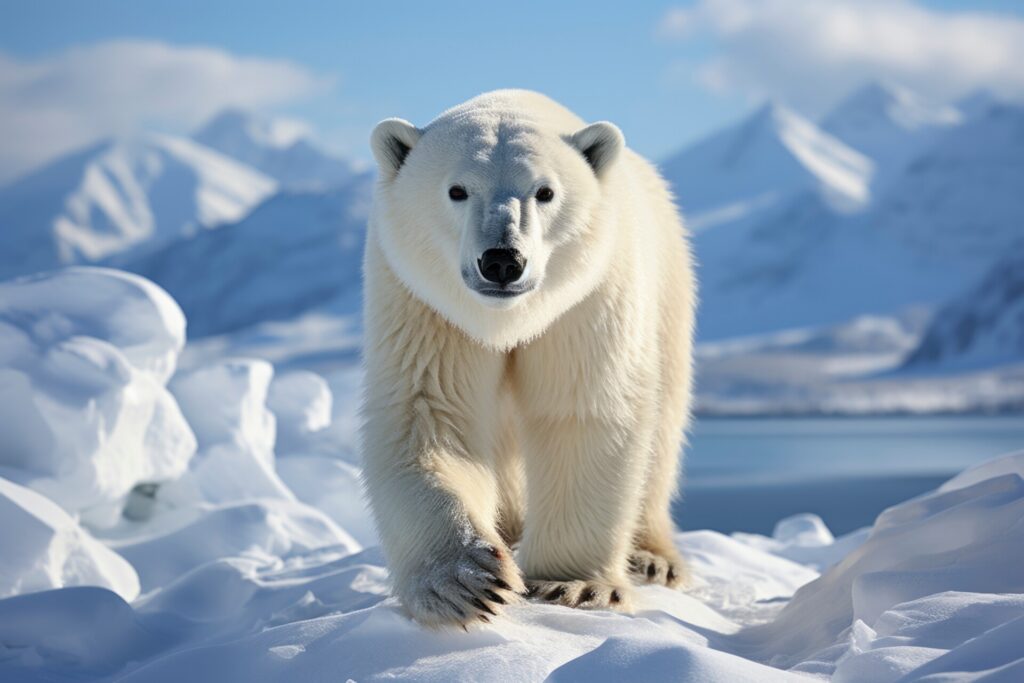 A large white polar bear in the snow