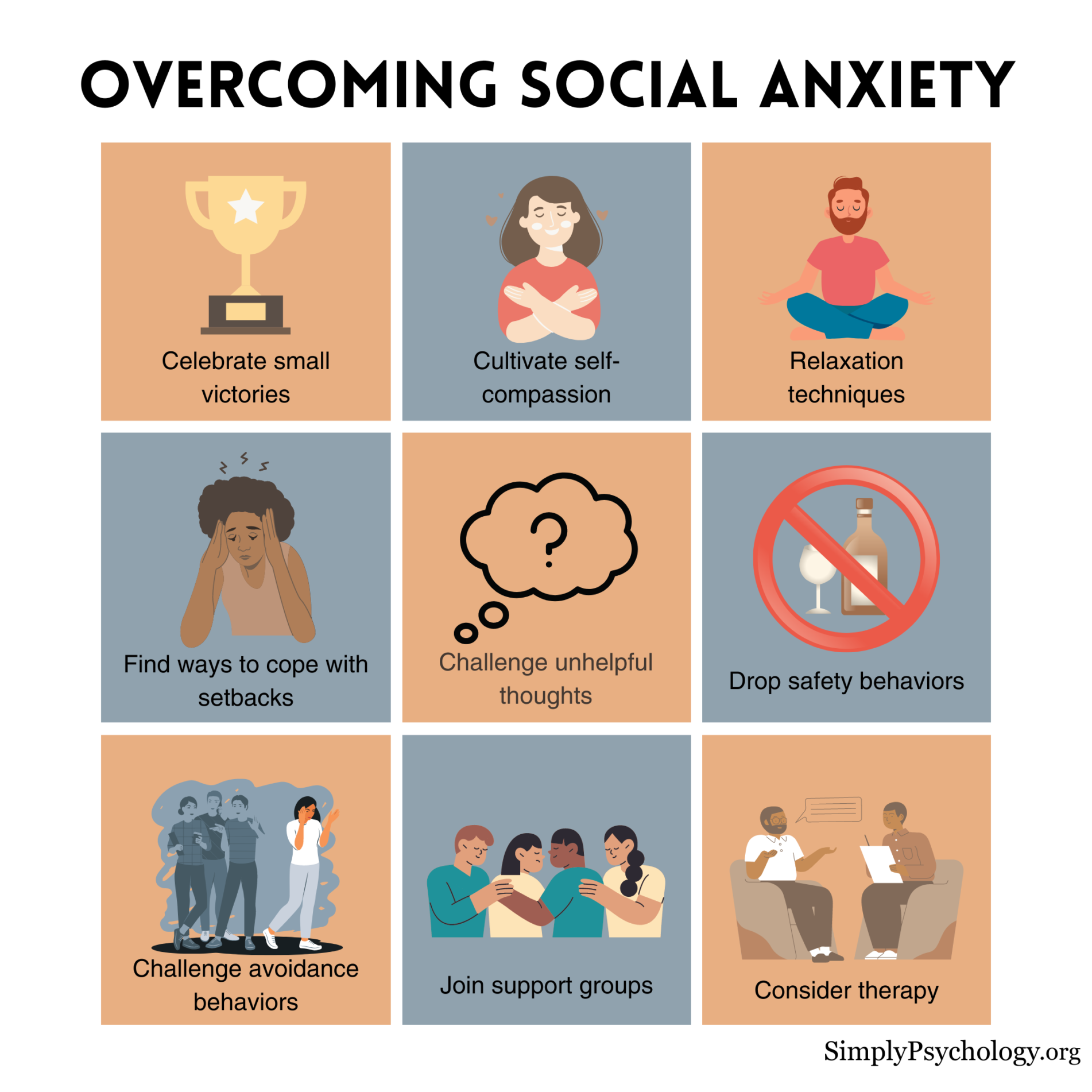 An infographic titled overcoming social anxiety with 9 panels outlining tips